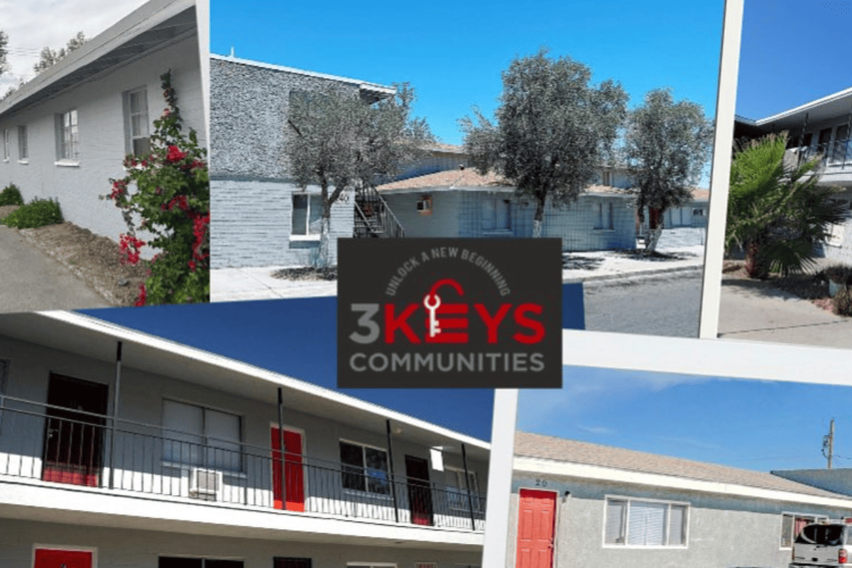 A collage of apartment buildings with a "3 Keys Communities" logo in the center.